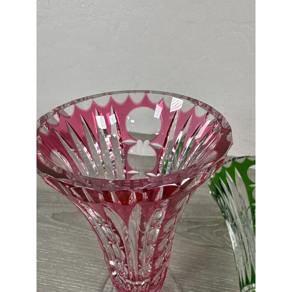 Vintage Bohemian Cut to Clear Crystal Bud Vases Pink Green Pair 6.5 Inch